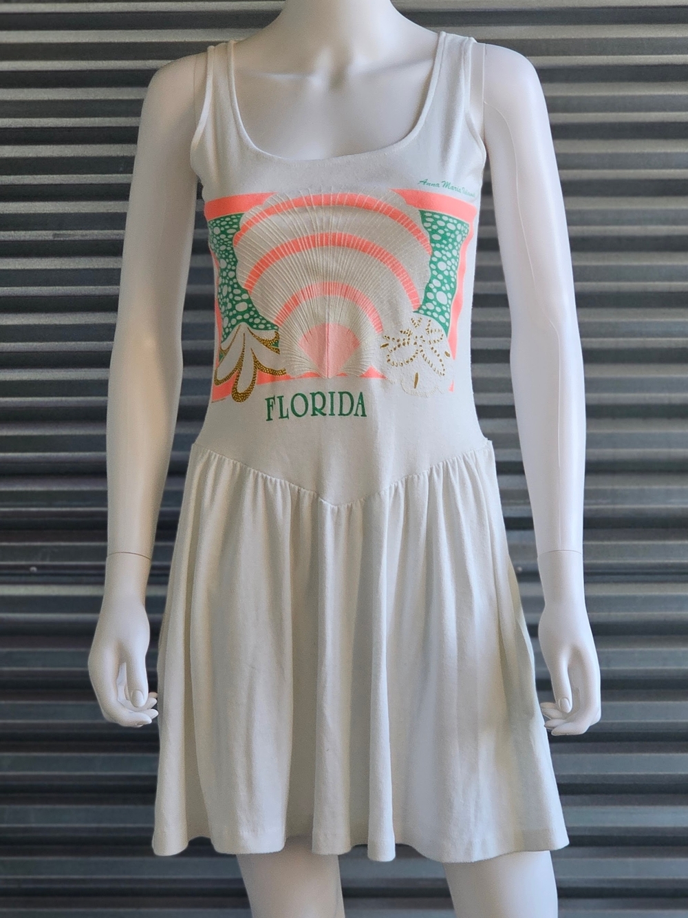 Vintage White  Florida Graphic Tank Dress- Coral & Green Shell Print - sm